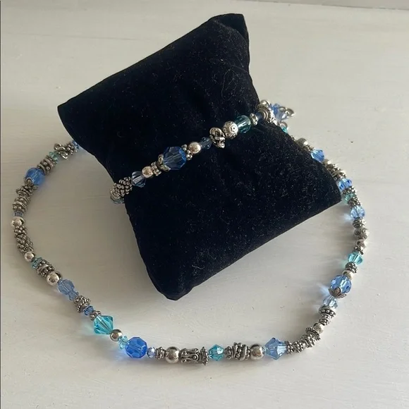 Sterling Silver Blue Crystal Beaded Bracelet Artisan Style - Picture 4 of 5